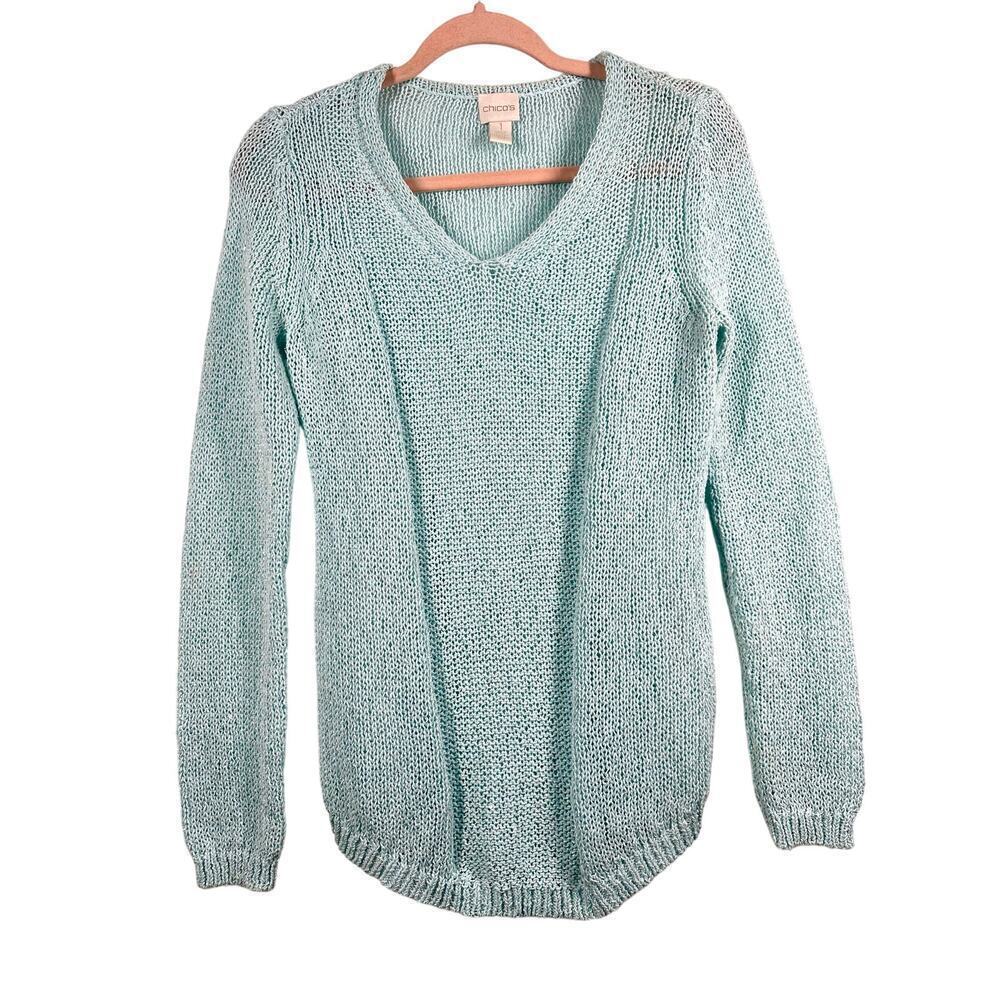 CHICO’S Light Blue Sequin V-Neck Sweater Scoop Hem - Sz Medium (1)